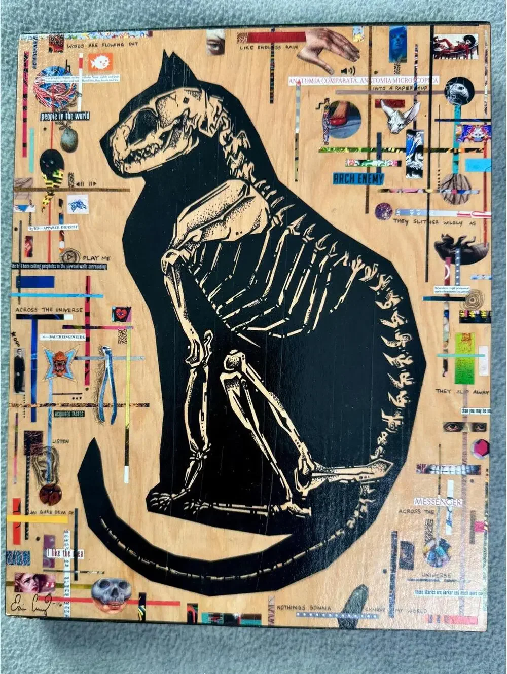 ecurry art the narcissist‎ cat skeleton collage wood panel signed mixed media